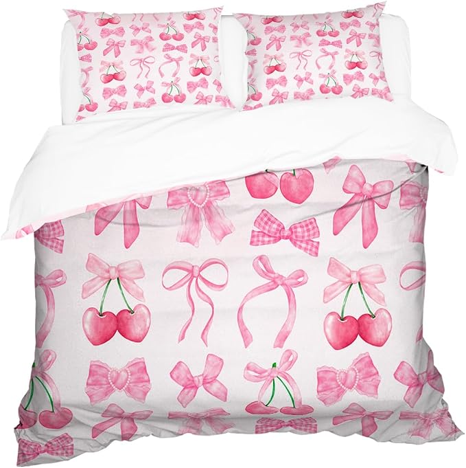 Pink Cherry Bow Duvet Cover Full King Size,Kids Girls Super Soft Microfiber Bedding Set Girls Bed Covers Coquette Room Decor Girly Bedroom Bow Decor Coquette Bow Cherry Aesthetic 104"x88"