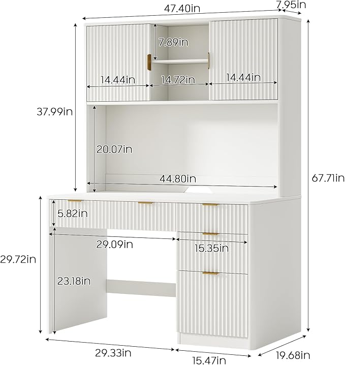 Vabches 67" H Executive Desk with FlutedDrawers,4 Drawers Fluted ComputerDesk,Wood Workstation with Hutch and BarnDoors for Work and Study,Cream White