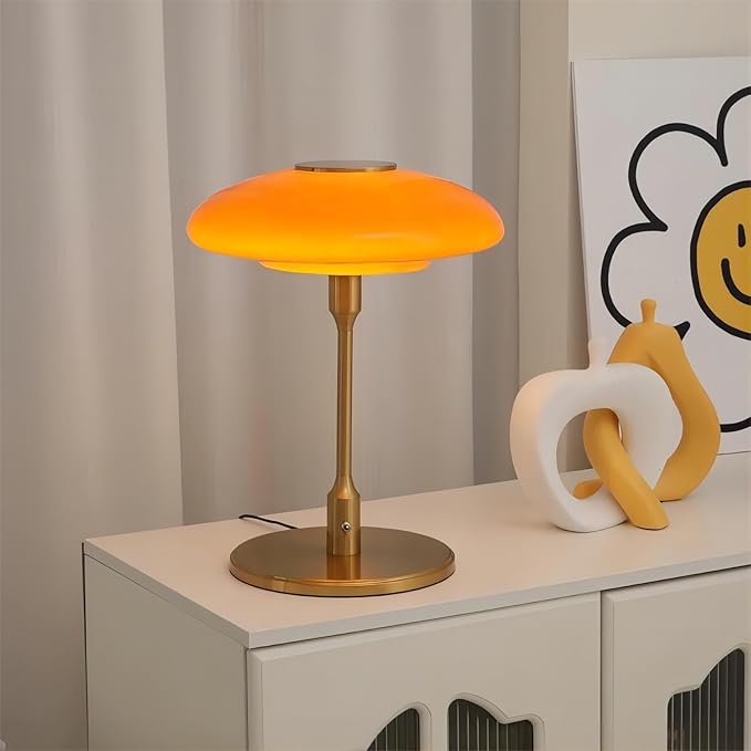 Table Lamp, Metal and Glass Modern Bedside Lamp, Decorative Table Light, Table Lamp for Living Room Bedroom Study Room, 12.6 * 16.5 Inch, Gold & Orange