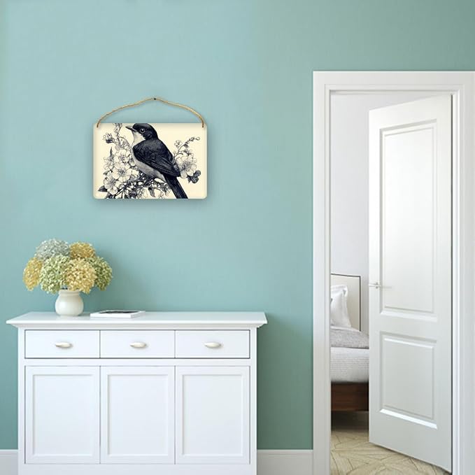 Retro Illustration wooden Bird & Floral Masterpiece Sign, 12x8 Inch Wall Decors for Collectors, Nostalgic Studio Accident, Unique Show & anniversary for Vintage Fans