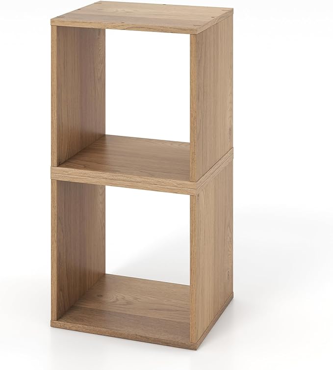 Giantex 2 Cube Bookshelf Organizer, 2-Tier Stackable Cube Storage Organizer, Small Wooden Open Book Shelf with Anti-toppling Device, Wood Floor Standing Display Shelving Bookcase, Natural