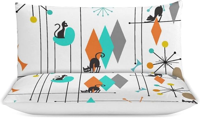 Mid Century Duvet Cover Sets Vintage Black Cat Modern Style Printed Lightweight Soft Quilt Cover Abstract Geometric Minimalist Soft Microfiber 3 Piece (1 Duvet Cover 68x86in + 2 Pillow Sham 20x30in)