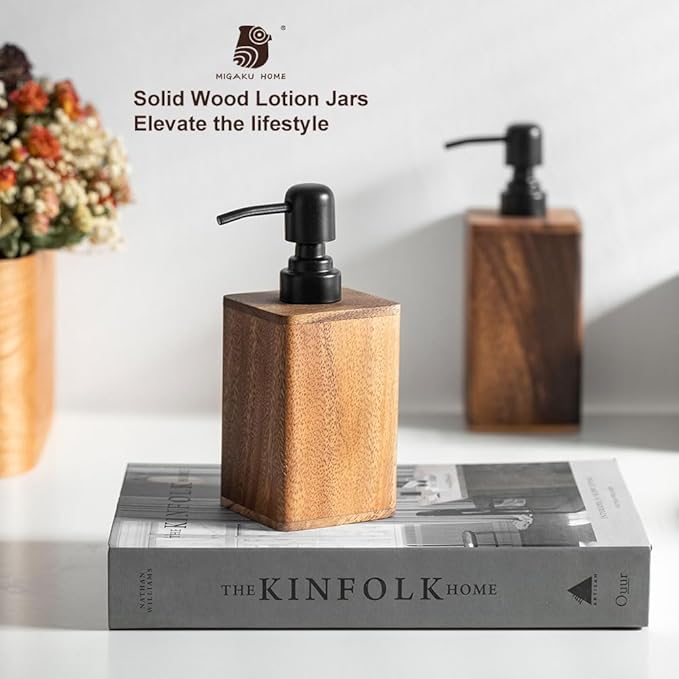 Solid Wood Lotion Jars, Push-Type Dispensing Bottles, Hand sanitizer Shower Gel Storage Jars (14oz/400ml)