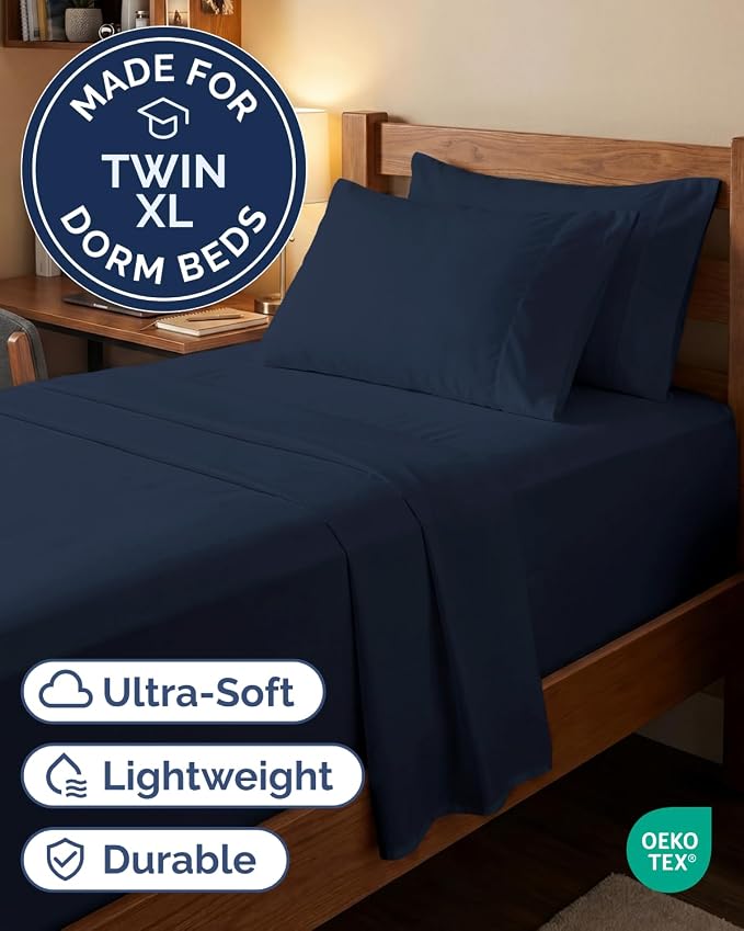 Extra Deep Twin XL Sheet Set - 4 Piece College Dorm Bed Sheets Set with Extra Deep Pockets - Ultra-Soft, Comfy & Breathable Bedding for Women, Men, Kids & Teens - Wrinkle & Fade Resistant - Navy Blue