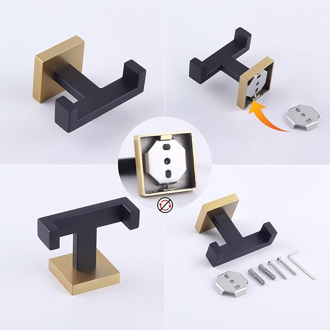GERZWY Stainless Steel Coat/Robe Clothes Hook for Bath Kitchen Modern Hotel Style, Bathroom Double Towel Hook Wall Mounted (Black & Gold) AG1407B-BD