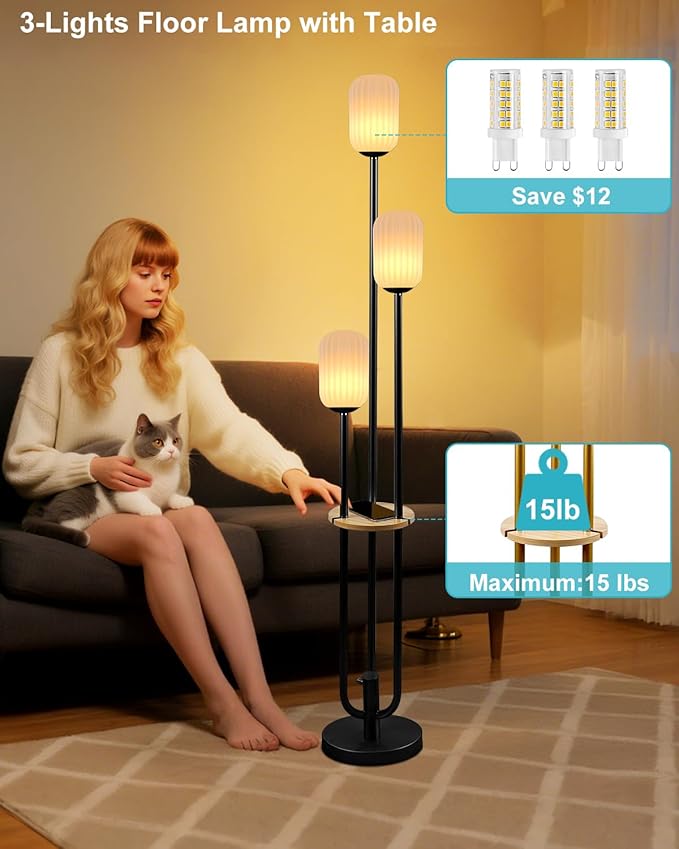 Lightdot Black Dimmable Floor Lamp with Shelf Modern Floor Lamps with Oval Striped Lampshade & Bulb Included 3-Lights Tall Lamp with 5Lbs Heavy Base for Living Room/Bedroom/Sofa Beside/Corner Decor