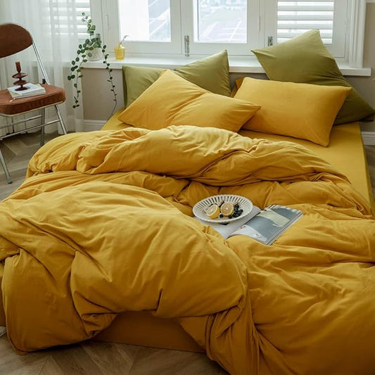 VM VOUGEMARKET Jersey Knit Cotton Bedding Duvet Cover Queen,Yellow T-Shirt Cotton Down Comforter Cover Set,Super Soft Men Women Modern Bedding Set-Queen,Gold