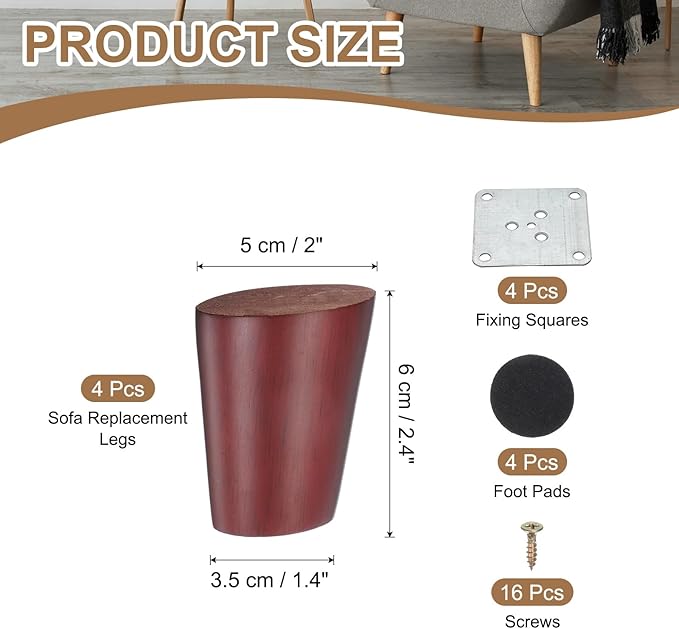 PATIKIL Wood Furniture Legs, 4Pcs 2.4" Tapered Replacement Sofa Leg for Chair Couch Bed Coffee Table Dresser, Red Walnut