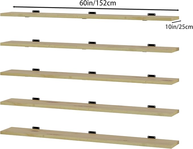5 Tier Book Shelf,60 inch Long Floating Shelf for Wall,Nature Large Bookcase with Heavy Duty Brackets,Bookshelf for Living Room (Natural, 60 Inch)