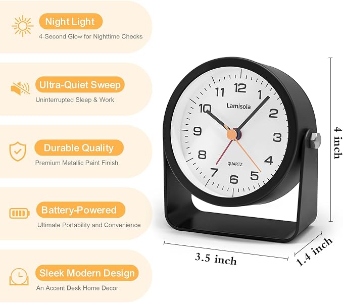Lamisola 3.5 Inch Small Desk Alarm Clock, Battery Operated Analog Silent Clock with Night Light, Retro Vintage Metal Bedside Clock for Bedroom, Office, Bathroom, Dorm, Shelf, Table - Black