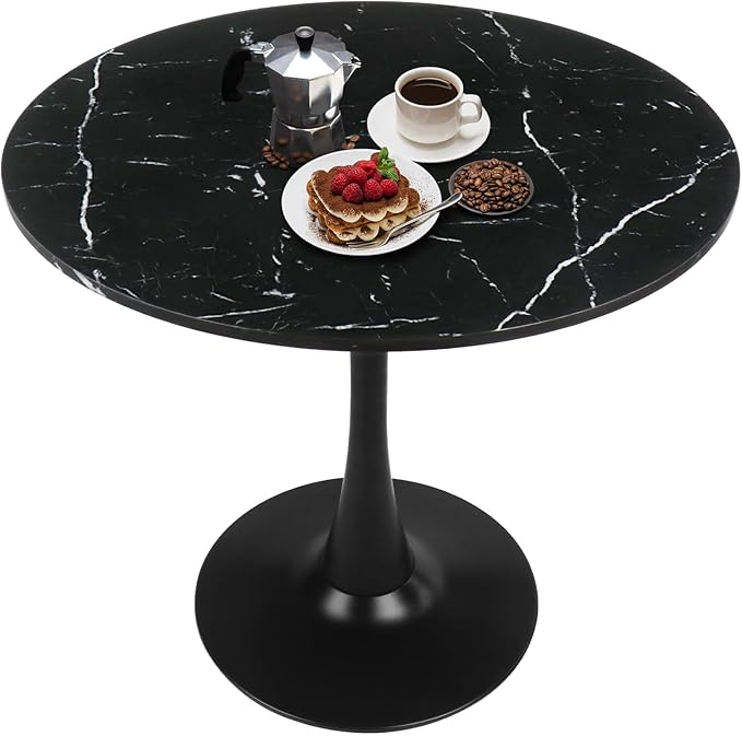 Round Dining Table 31.5" Faux Marble Black Tulip Table with Pedestal Base for 2-4 People Small Space - Kitchen Living Room Cafe