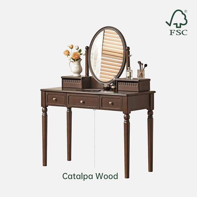 Solid Wood Vanity Desk with Mirror, Walnut Vintage Dressing Table for Bedroom, Antique Catalpa Makeup Table, 43" W x 18" D x 56" H