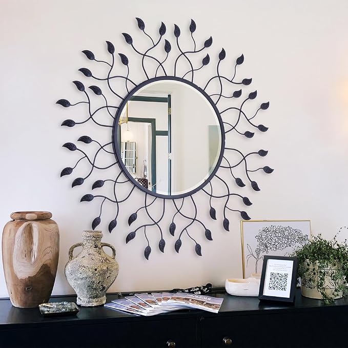 Chende 32" Wall Decorative Mirror with Metal Leaves, Black Living Room Mirror with Beveled Edge, Glam Mirror for Bedroom, Foyer, Entrance