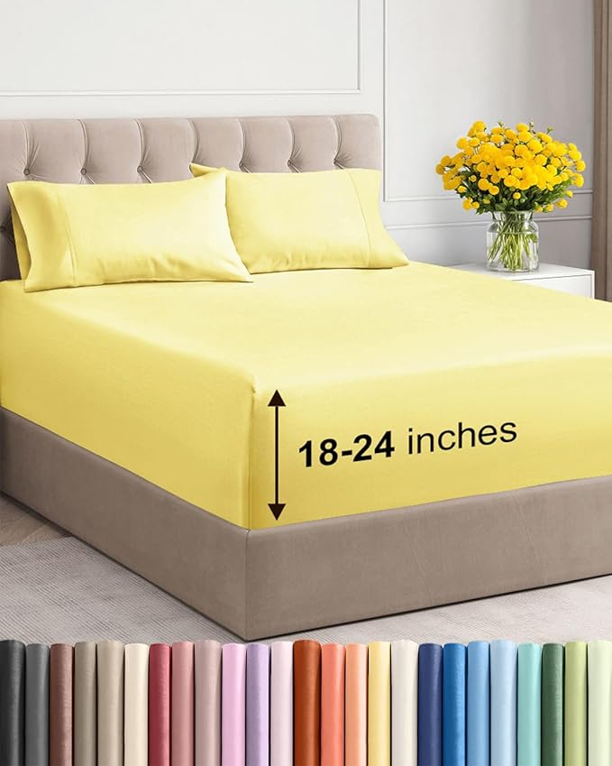 Extra Deep Twin Sheet Set - 4 Piece Breathable and Cooling Sheets - Hotel Luxury Bedding for Women, Men, Kids & Teens - Easy & Secure Fit - Soft, Wrinkle Free and Comfy - Extra Deep Pockets - Yellow