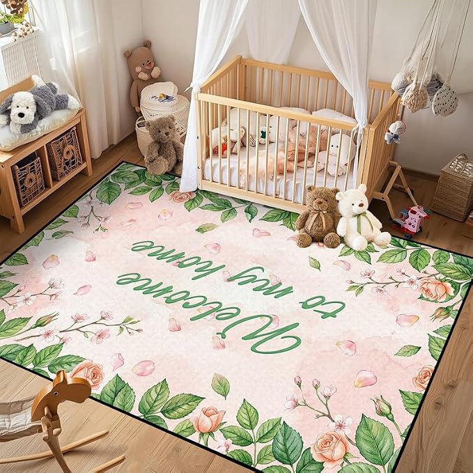 Welcome Rug Floral Area Rug for Entryway Bedroom Living Room Nursery Playroom Classroom Home Decor Pink Rose Green Leaf Carpet Non-Slip Washable Floor Mat,3'x5'