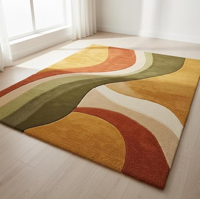 Retro Wave Area Rug, Multicolor Abstract Curved Stripes, Mustard Yellow Rust Orange Olive Green Cream, Modern Bohemian Style (5 * 8 feet)