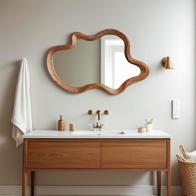 Irregular Wall Mirror,24"x 36"Asymmetrical Mirror Wood,Wooden Framed Wall Mirror,Modern Large Vanity Bathroom Mirror,Walnut Wavy Mirror for Entryway,Bedroom,Living Room,Washroom