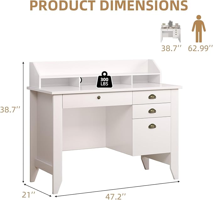 4 EVER WINNER White Desk with Drawers, 47'' Small Desk with File Drawer for Small Spaces, Wood Computer Desk with Monitor Stand for Home Office, Bedroom, White