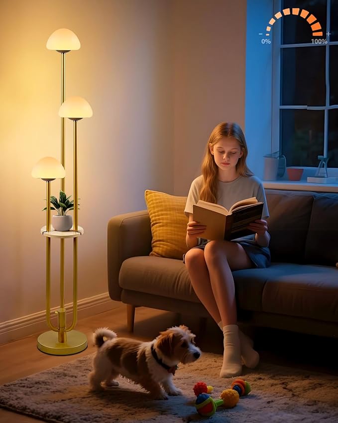 Gold Dimmable Floor Lamp with Table, Modern Floor Lamps for Living Room, 3000K Warm White Tall Standing Lamp with Mushroom Shades & Bulbs for Bedroom/Office