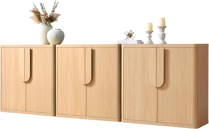 103.5'' Sideboard Buffet Cabinet W/Storage, Modern Accent Cabinets W/Curved Handles & Adjustable Shelves, 6 Doors Coffee Bar Buffet Table Credenza for Living Room Kitchen Hallway, Natural Oak