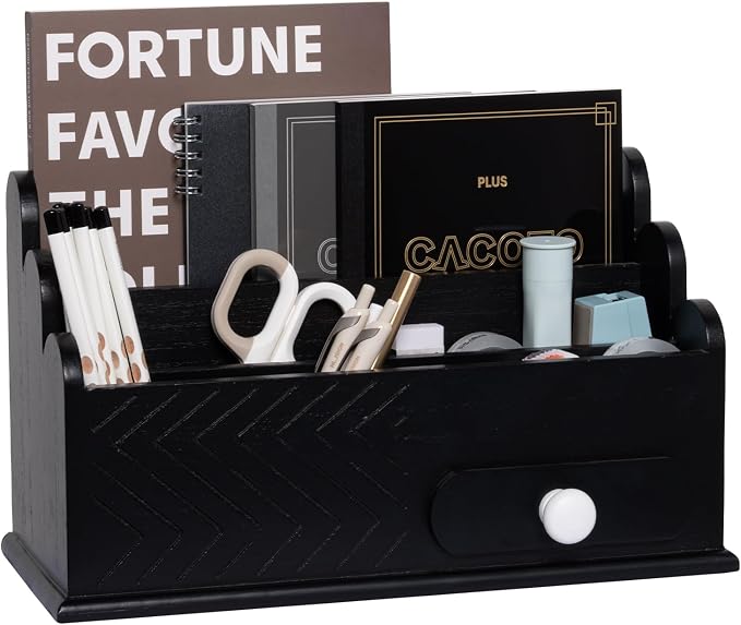 5 Compartments Real Wood Desk Accessories Organizer Countertop Mail Holder 13 x 8 inch Office Workspace Organization with Drawer for File, Pen, Pencil, Black
