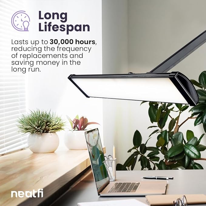 Neatfi Ultra Desk Lamp – 3,500 Lumens, 45W LED, 26-Inch Wide Shade, 5 Brightness Levels, Clamp Mount, Shadow-Free, Non-Flickering Light (Non-CCT with Clamp, Black)