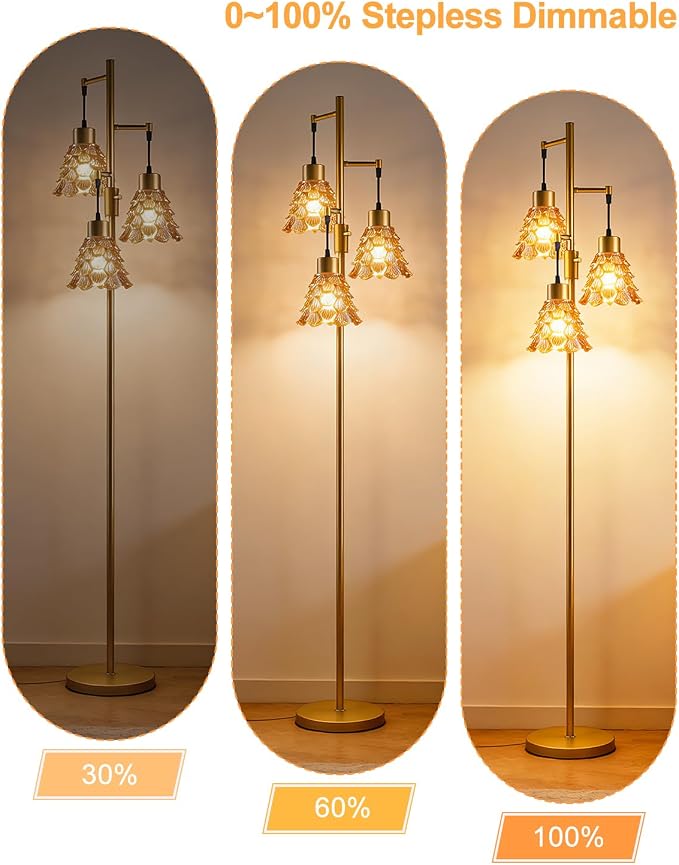 3-Light Modern Glass Floor Lamp, Gold Standing Tall Lamp with Amber Pinecone Glass Shade for Reading, Dimmable LED Floor Lamp with 5Lbs Heavy Base for Living Room Bedroom Home Decor, Bulb Included