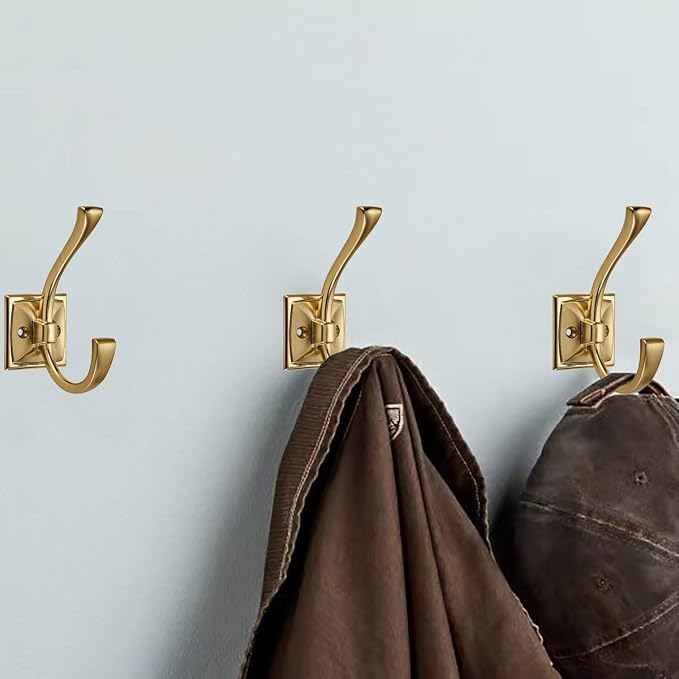 2 Pack Decorative Heavy Duty Towel Hooks for Hanging Robe Double Champagne Bronze Coat Hooks Wall Mounted with Screws for Key, Towel, Bags, Cup, Hat