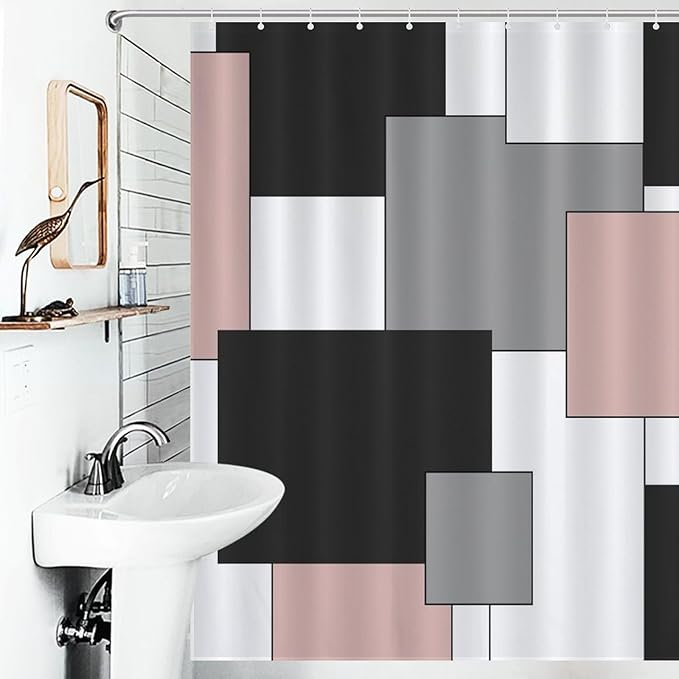 Retro Geometric Shower Curtain,Pink Black Modern Geometry Minimalist Neutral Design Bathroom Curtain Polyester Waterproof Fabric Decor 66x72in（168x183cm）