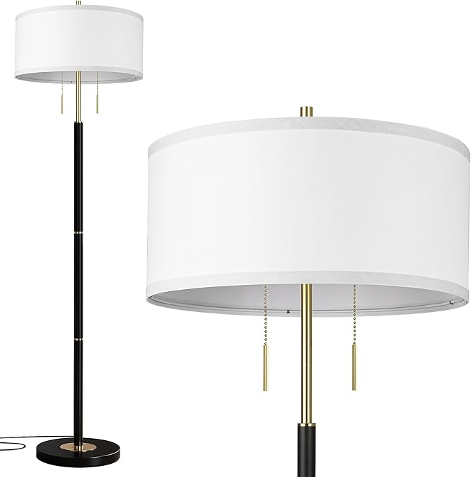 2-Light Mid Century Modern Floor Lamp, Standing Lamp with Fabric Shade and Pull Chain Switch, Tall Floor Lamp for Living Room, Bedroom,Office Corner (Black, 2X 3CCT Bulb Included)