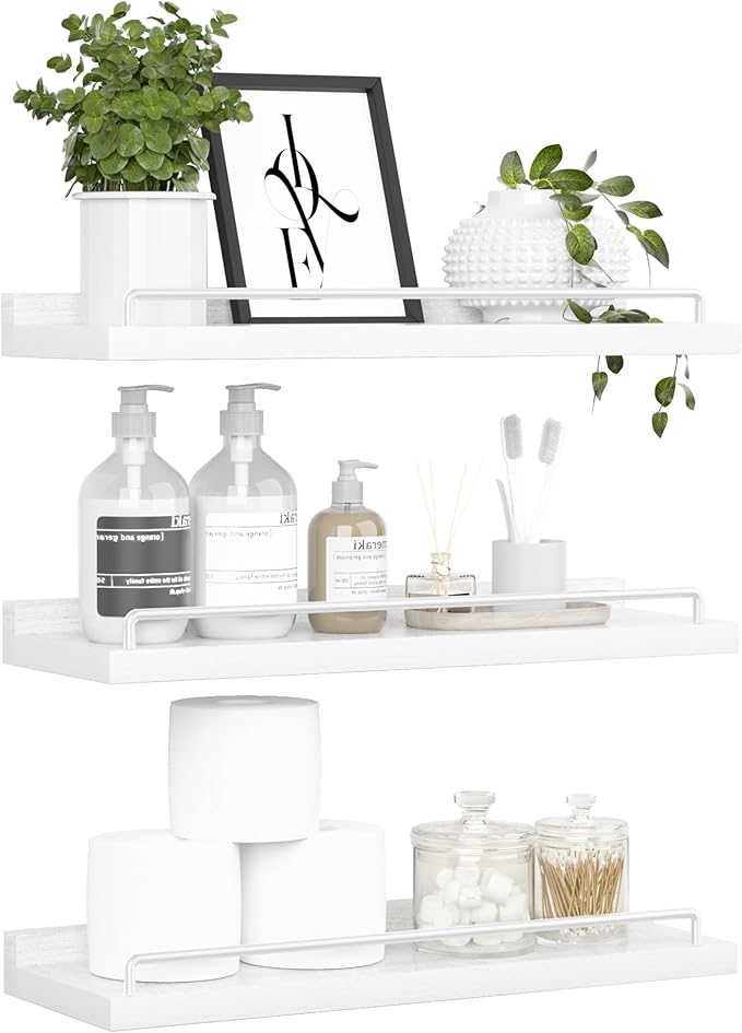 Floating Shelves for Wall Decor, White Shelves for Bathroom, Living Room, Bedroom, Picture Frames, Plants, Kitchen (Set of 3)