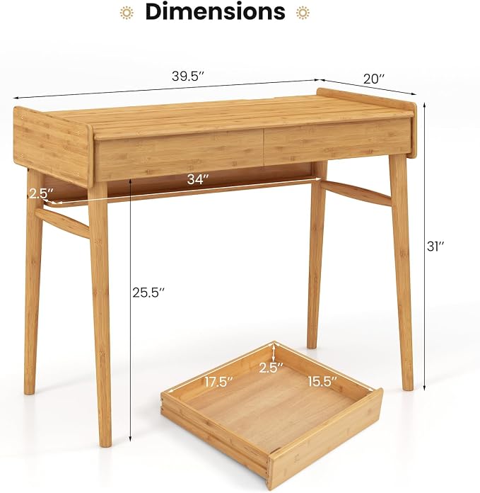 Giantex Computer Desk, 39.5" Bamboo Home Office Desk with 2 Storage Drawers and Open Shelf, Makeup Table Vanity Desk, Modern Writing Desk Computer Workstation for Bedroom, Study, Natural