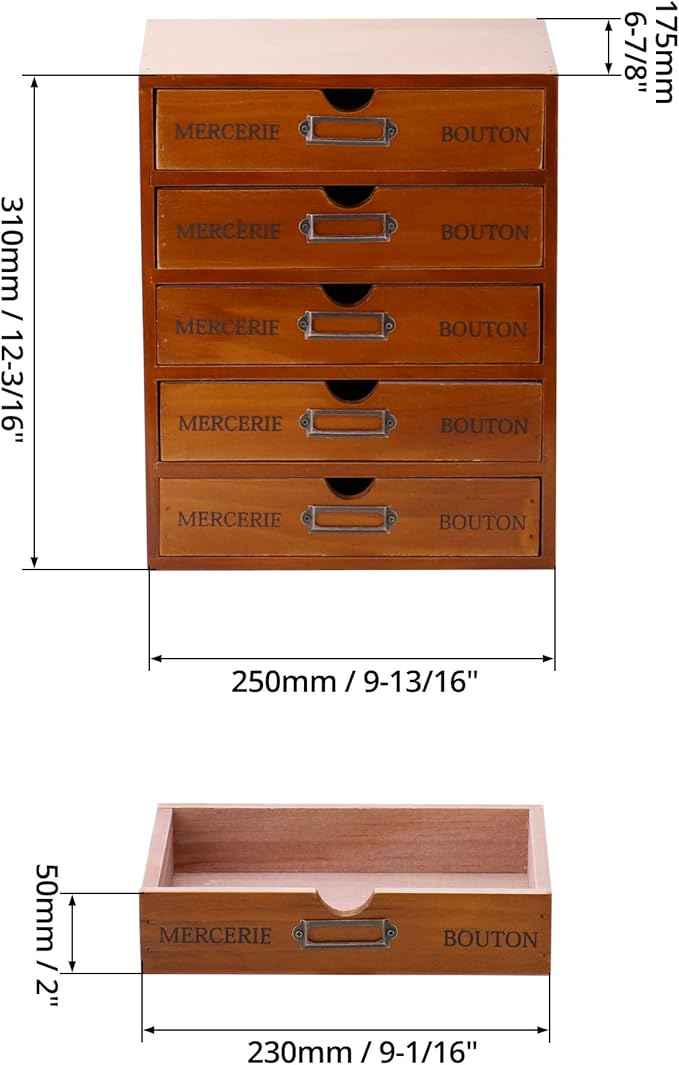 QWORK Vintage Wooden Home Office Desk Organizer with 5 Drawers - Rustic Desktop Storage Box for Jewelry, Cosmetics, Craft Paper & More