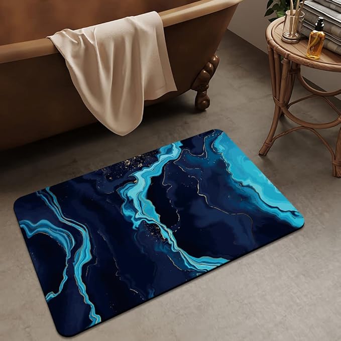 Bath Mat Rug,Deep Blue Gold marbleNon Slip Quick Dry Super Absorbent Thin Bathroom Rugs Fit Under Door-Easy to Clean Bathroom Floor Mats-Shower Rug for Shower Sink Bathtub(16" x 24"in)