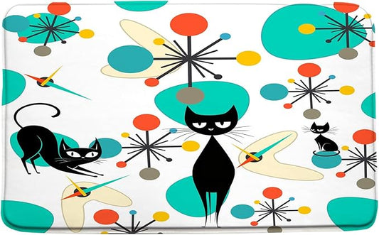 Mid Century Black Cat Bath Mat,Teal Orange Modern Atomic Geometric Bathroom Rug Shower Floor,Retro 50s 60s Vintage Bath Rug,Absorbent Doormat Bedroom Rug Kitchen Toilet
