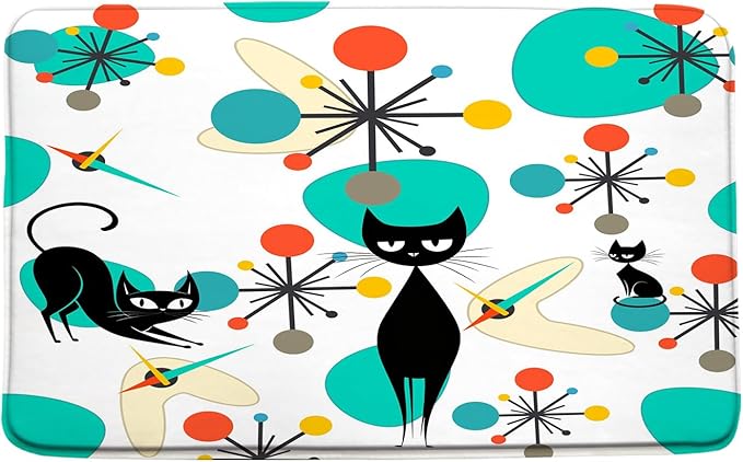 Mid Century Black Cat Bath Mat, Teal Orange Modern Atomic Geometric Bathroom Rug Shower Floor, Retro 50s 60s Vintage Bath Rug, Absorbent Doormat Bedroom Rug Kitchen Toilet, 17.7x29.5 Inches