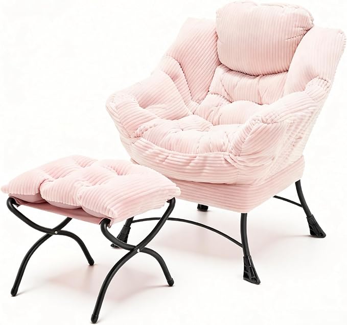 Large Lazy Chair and Ottoman for Adults, Accent Chair Oversized Lounge Armchair with Side Pocket & Footrest, Comfy Reading Chair Leisure Sofa for Bedroom, Living Room, Office (Corduroy, Pink, Single)