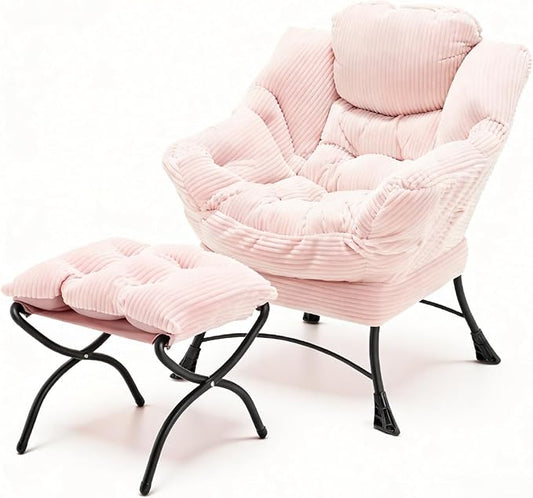 Large Lazy Chair and Ottoman for Adults, Accent Chair Oversized Lounge Armchair with Side Pocket & Footrest, Comfy Reading Chair Leisure Sofa for Bedroom, Living Room, Office (Corduroy, Pink, Single)
