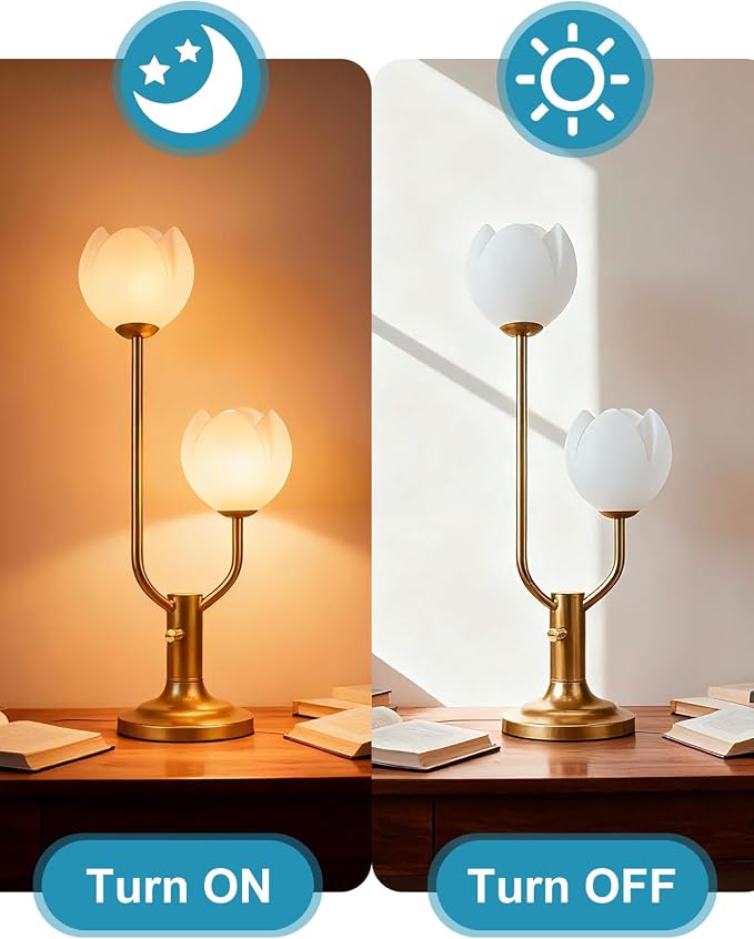 Lightdot Gold Flower Table Lamp for Bedroom, 2 Floral Heads 3000K Warmwhite Dimmable Bedside Lamps with Plug, Mid Century Modern Small Desk Lamp for Living Room Nightstands Home Office
