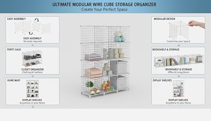 12-Cube Storage Organizer, Metal Wire Cube Shelving Unit, 11.8" L x 11.8" W x 11.8" H, Modular Grid Bookshelf for Closet, Bedroom, Office, White ATTJL12W