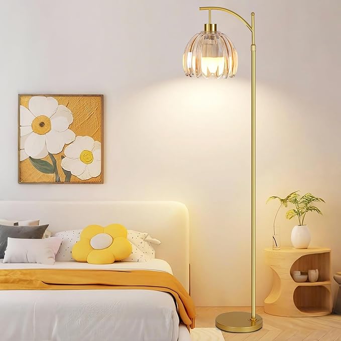 QIYIZM Glass Floor Lamp for Living Room,Bedroom,Gold Dimmable Standing Lamp with Remote,Mid Century Modern Brass Tall Lamp Boho Floor Lamps Arc Stained Flower Floor Light Lamp Girls Bohemian