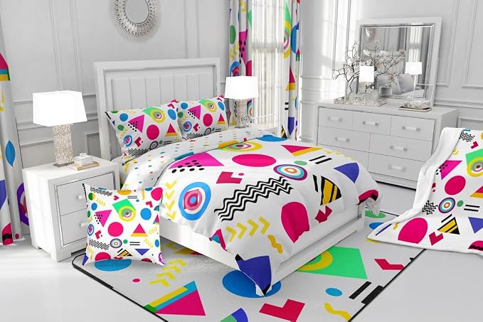 Memphis Duvet Cover Hipster Retro Bedding Set,80s and 90s Hip Hop Funky Comforter Cover Colorful Pop Art Inspired Pattern Twin Bed Set,Watercolor Eighties Memphis Geometrical 80s Bedroom Decor