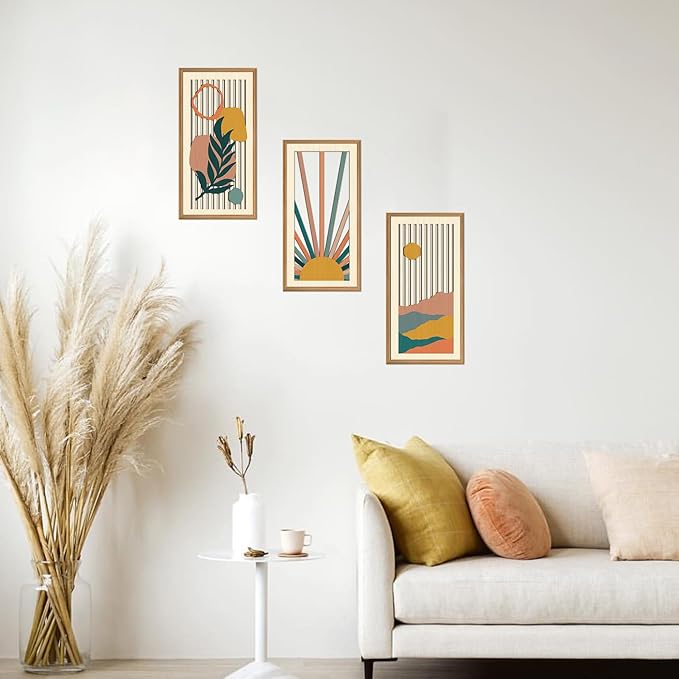 IARTTOP 3Pcs Boho Sunrise Wood Wall Decor Abstract Nature Mountain Wall Art Botanical Mid Century Artwork Minimalist Geometric Art Prints for Living Room Bedroom Office Decoration 8 x16Inch Framed