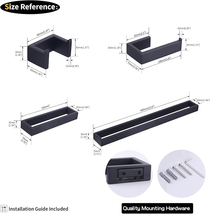 GERZWY Bathroom Accessory 4-Piece Set SUS 304 Stainless Steel Towel Bar Toilet Paper Holder Towel Ring Towel Hooks Wall Mount, Matte Black HG1708-4BK