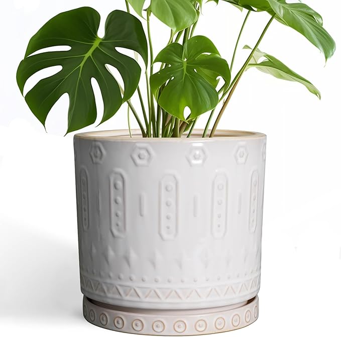 Eightpot Ceramic Planter Pot - 10 Inch Plant Pot for Indoor Outdoor Plants Round Large Flower Pot with Drainage Holes and Saucer for Home Garden Patio Decor White