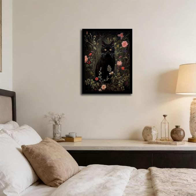 Black Cat Wall Art with Wooden Frame – Vintage Floral Cat Painting, Gothic Dark Academia Framed Picture, Antique Moody Cottagecore Wall Decor Print 12×16 Inch
