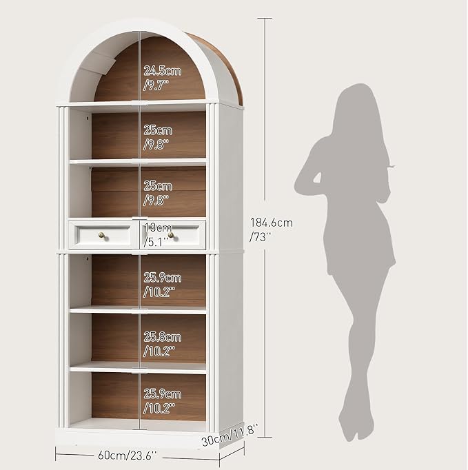 RALGEND Arched Bookshelf, 73" Tall Arch Bookcase with Drawer, 6-Tier Farmhouse Book Shelf, Wooden Bookshelf with Open Display Shelves for Living Room, Office, Adjustable Shelf, Walnut and White