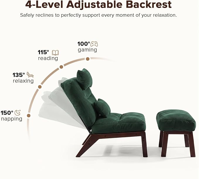 GEMBED Accent Chair with Ottoman Adjustable Backrest, Comfy Lounge Chair Single Sofa with Headrest Lumbar Pillow, Reading Chair with Footrest for Bedroom, Living Room, Green