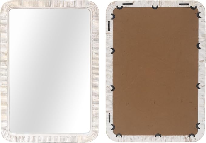 FUIN 20" x 30" Rattan Wicker Rectangle Wall Mounted Bathroom Mirror for Coastal Boho Nursery Decor, White Wash