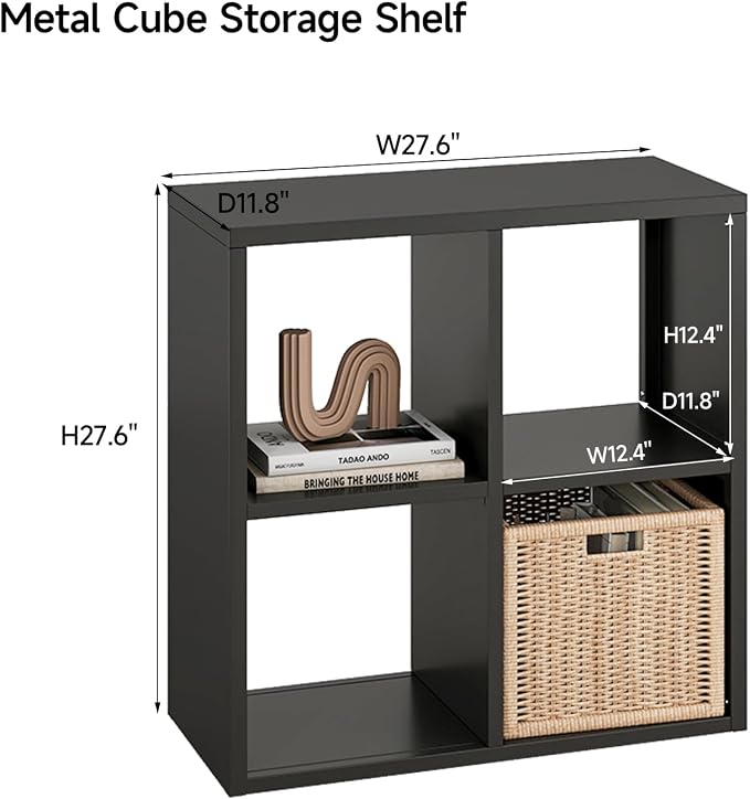 IRONMIX Metal 4 Cube Storage Organizer, Short Black Bookshelf with Storage, Small Horizontal Bookshelf, 2 Tier Open Bookcase Cube Shelf, Small TV Stand for Home Office Library (Black, 700)